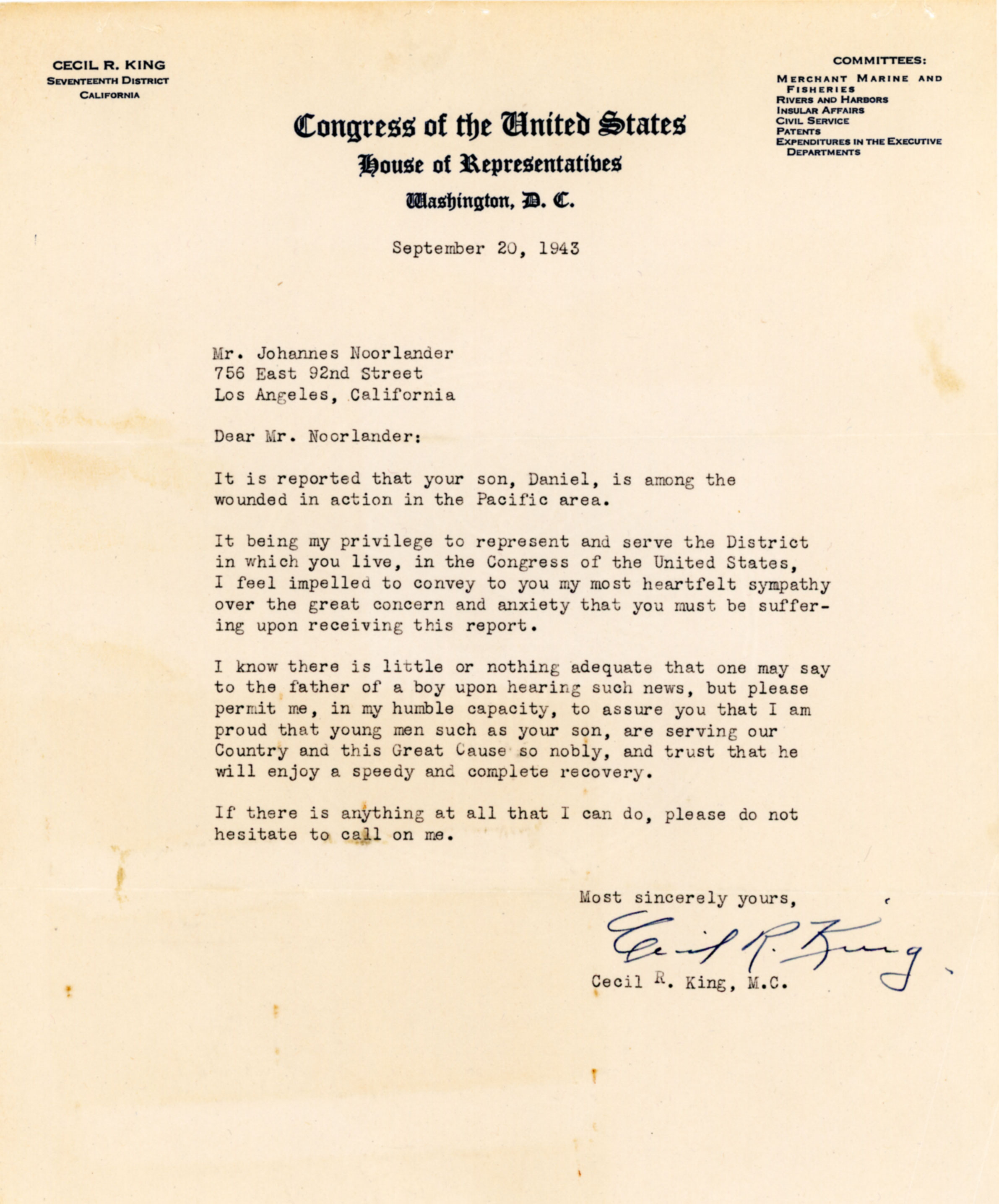 Dan Noorlander Sr. - Wounded in Action Letter